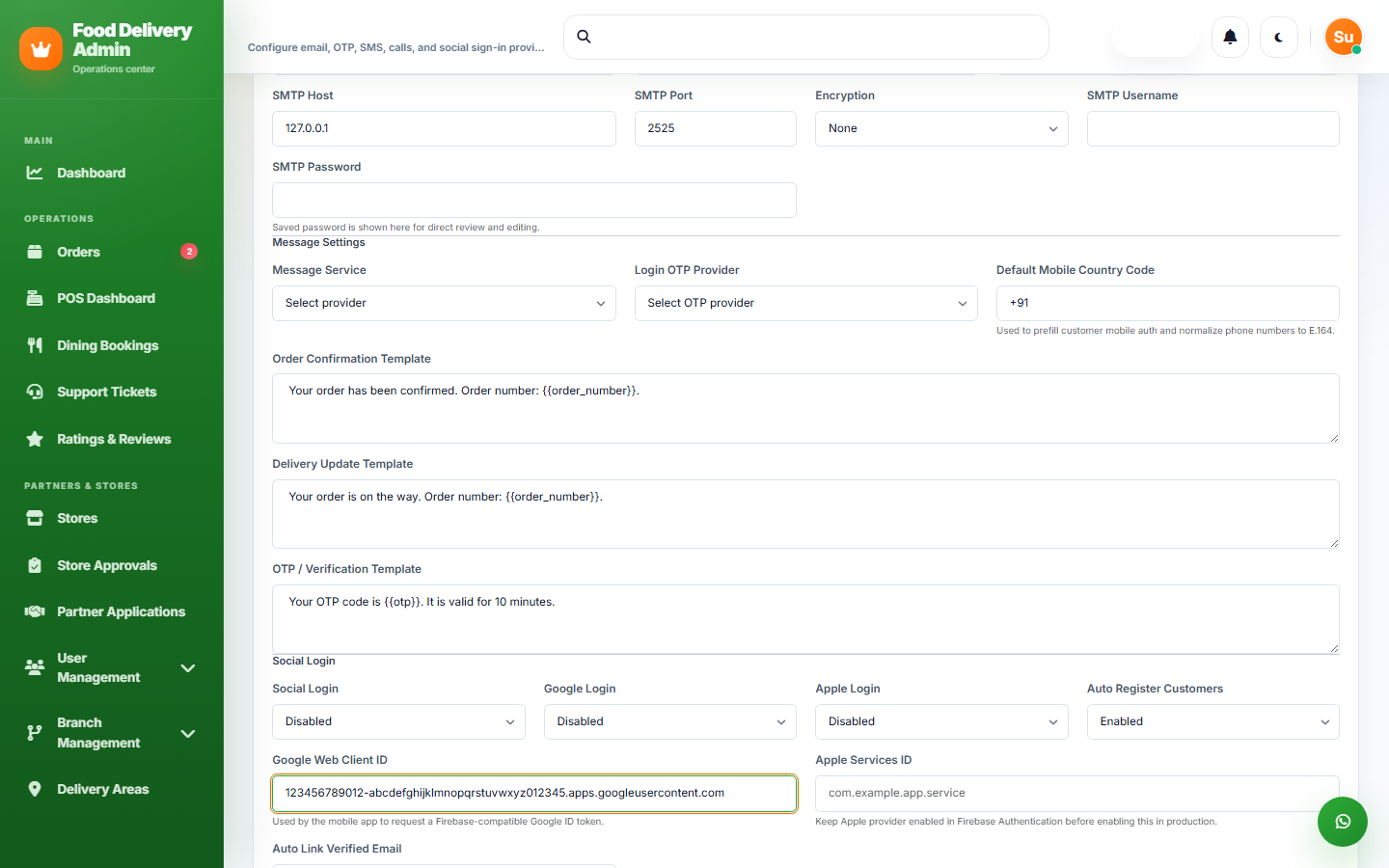 Google Web Client ID field in Admin Panel Communication settings