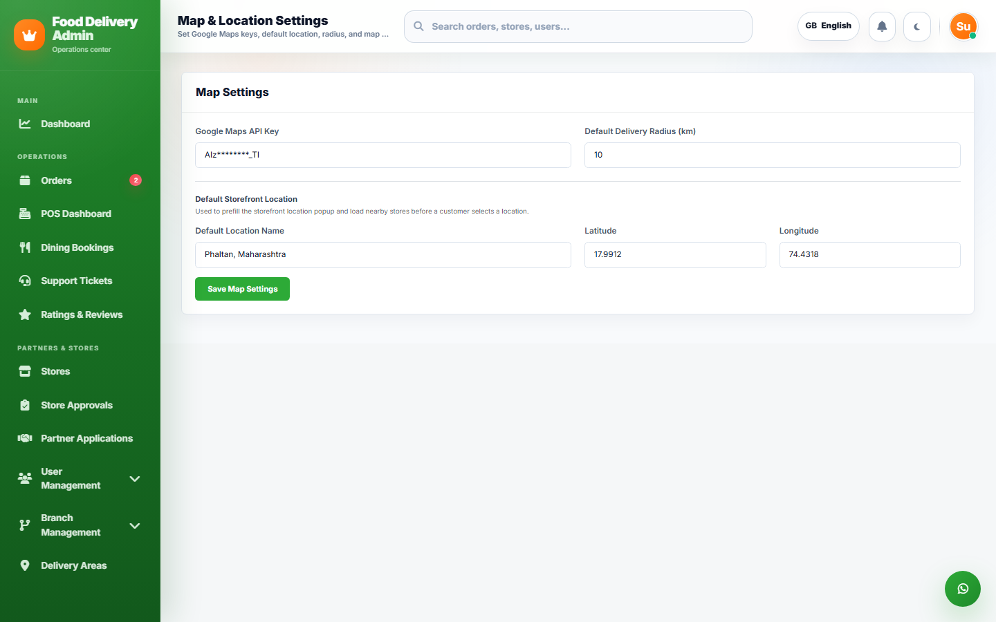 Google Maps API key field in Admin Panel Map Settings